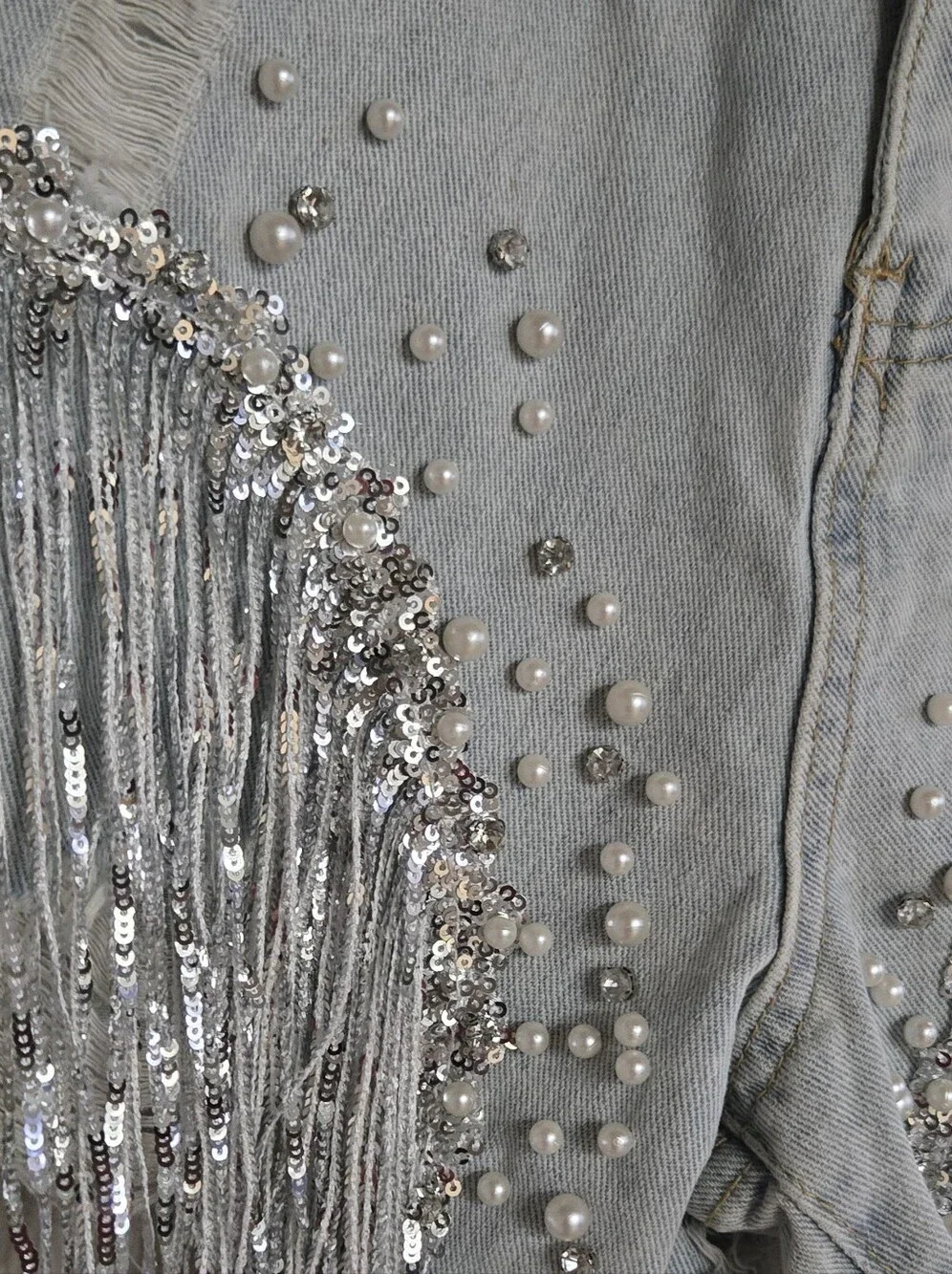 Denim Rhinestone Sequin Fringe Pearl Shorts Blue Size Large Festival